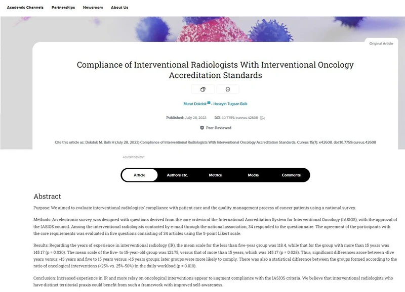 Dokdok M, Ballı H (July 28, 2023) Compliance of Interventional Radiologists With Interventional Oncology Accreditation Standards. Cureus 15(7): e42608. doi:10.7759/cureus.42608